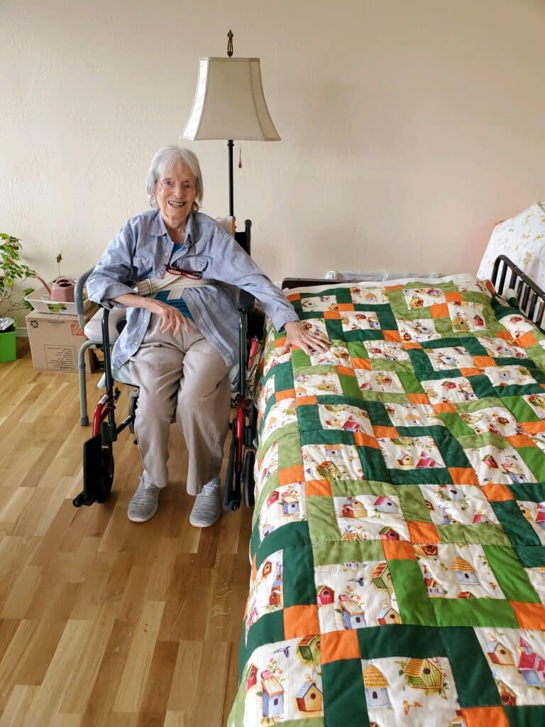 consumer with homemade quilt
